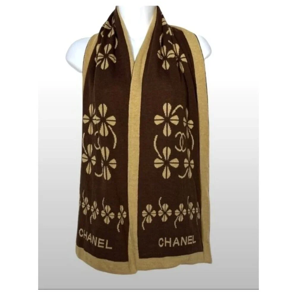 Chanel Brown & Beige Scarf With Four Leaf Clover Pattern - Picture 7 of 9